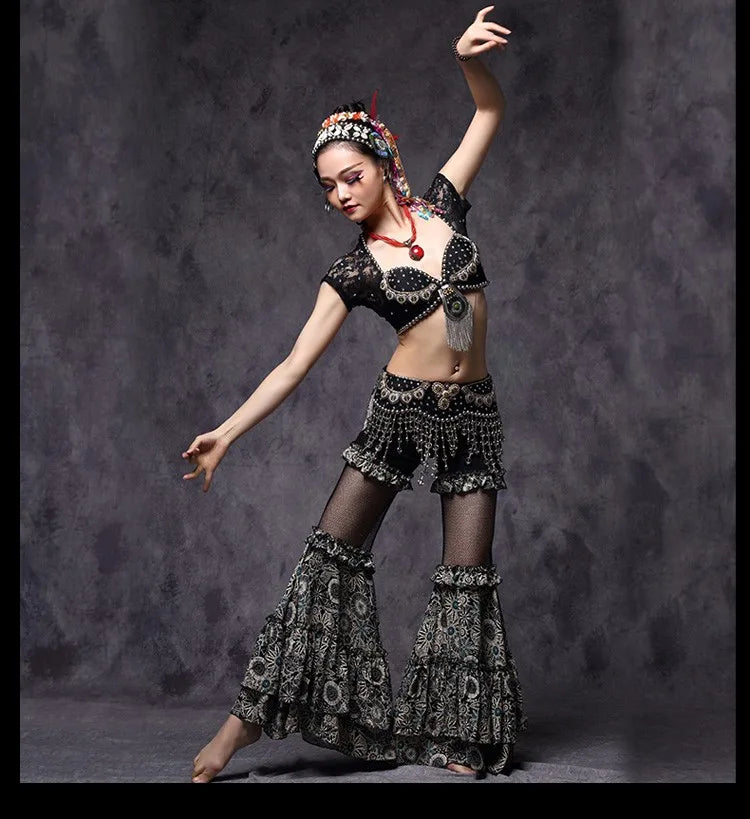 Tribal Fusion Belly Dance Clothes 3pcs Outfit Tops Belt and Pants Women Dance Costume