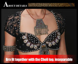 Tribal Fusion Belly Dance Clothes 3pcs Outfit Tops Belt and Pants Women Dance Costume