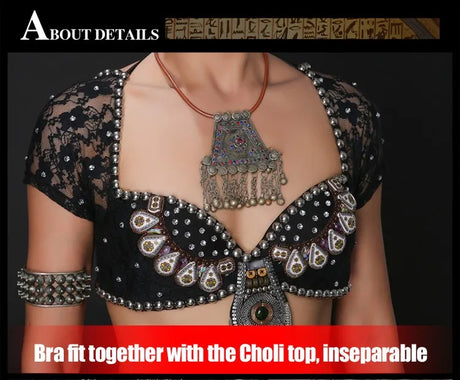 Tribal Fusion Belly Dance Clothes 3pcs Outfit Tops Belt and Pants Women Dance Costume