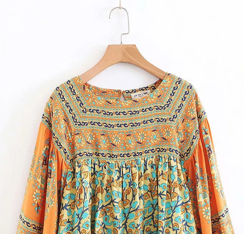 Sayra's Boho Sunshine Yellow Floral Print Long Sleeve Blouse Shirt