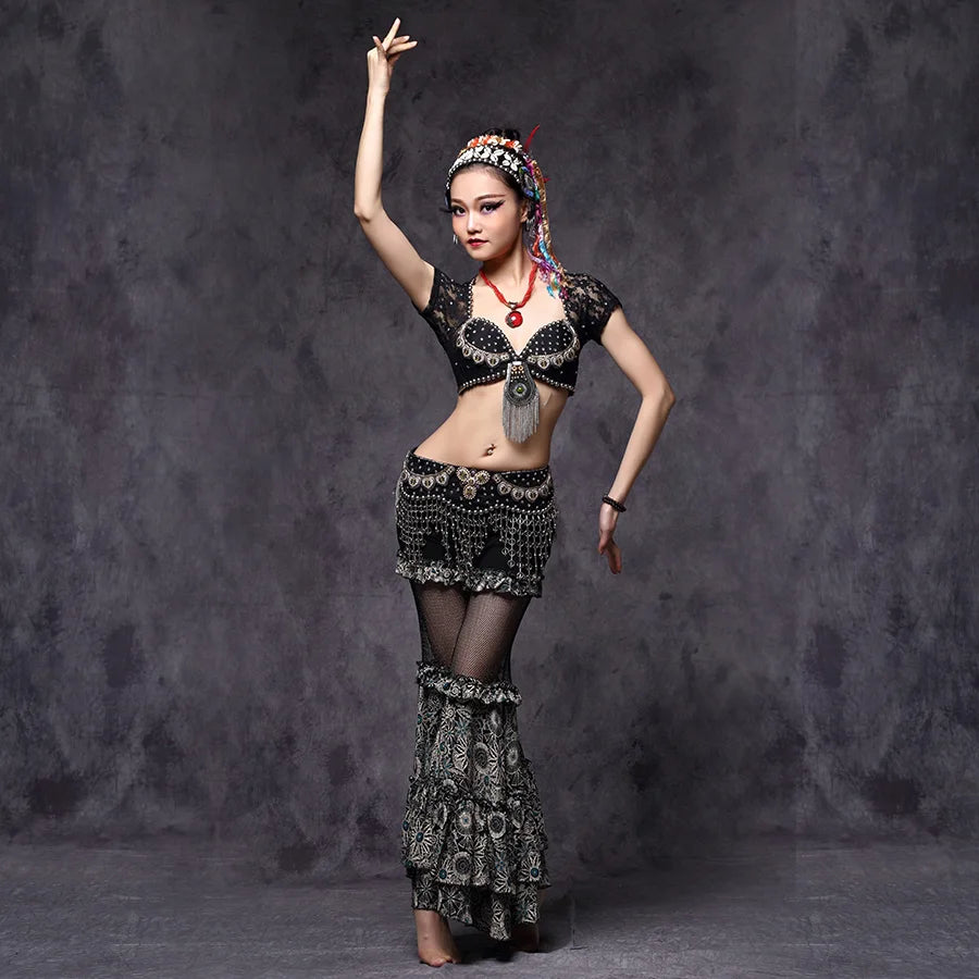 Tribal Fusion Belly Dance Clothes 3pcs Outfit Tops Belt and Pants Women Dance Costume