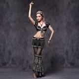 Tribal Fusion Belly Dance Clothes 3pcs Outfit Tops Belt and Pants Women Dance Costume