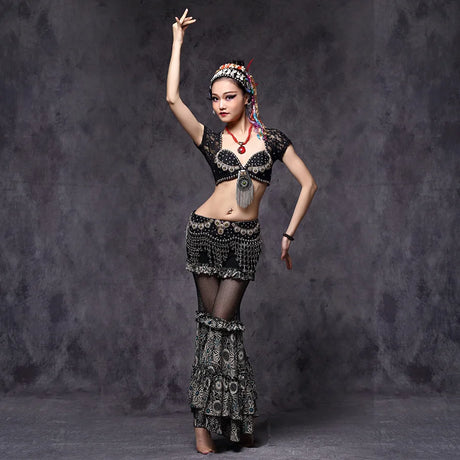 Tribal Fusion Belly Dance Clothes 3pcs Outfit Tops Belt and Pants Women Dance Costume
