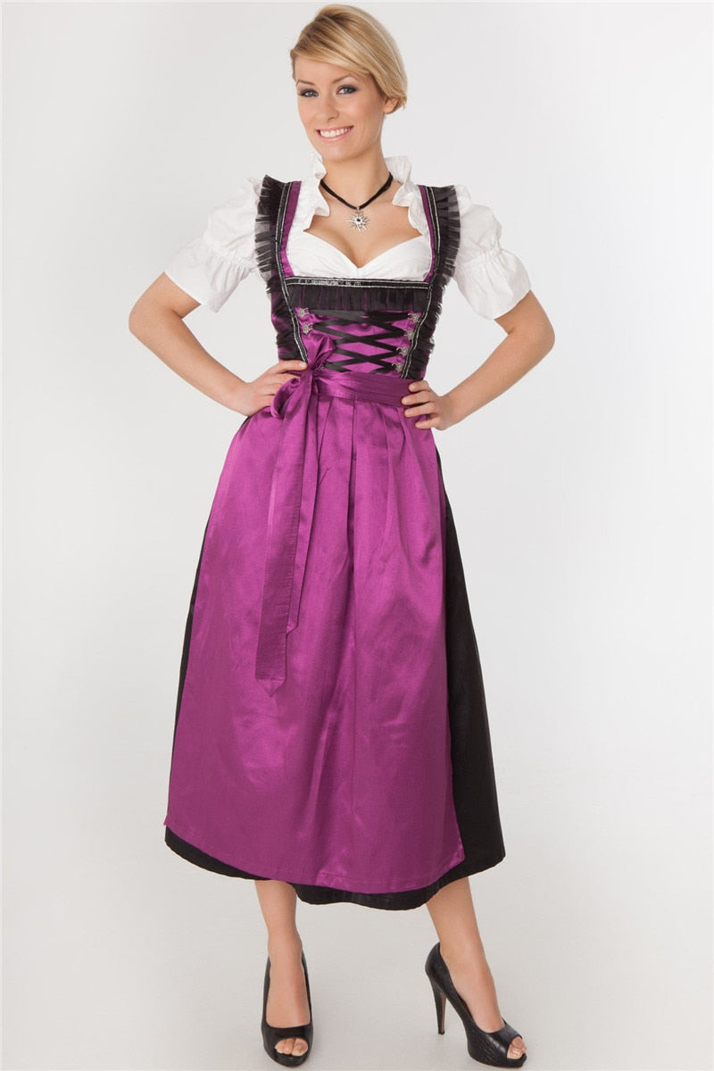 Long Purple Bavarian Traditional Oktoberfest Dirndl Beer Wench Maid Costume
