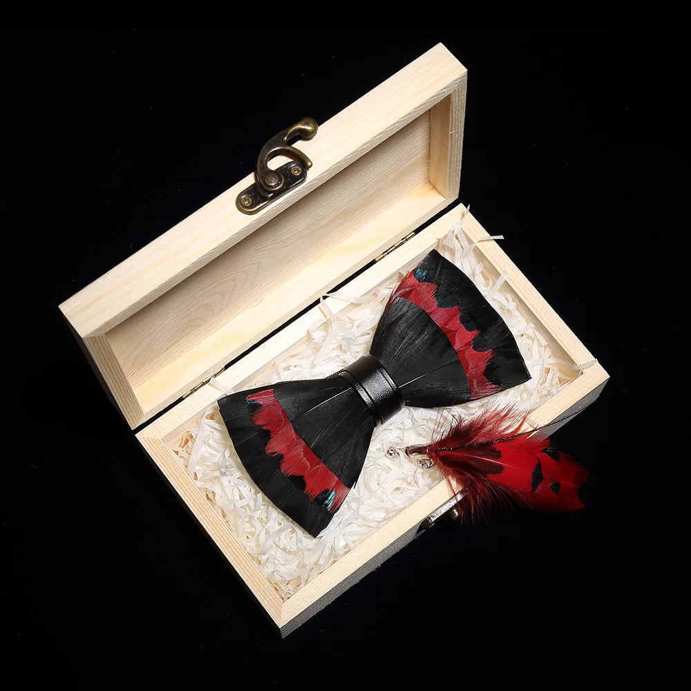 Handmade Woodland Feather Bow Ties & Lapel Pin Gift Box Set