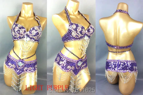 Beaded Sequins Belly Dancing Belt+Bra Samba Costumes