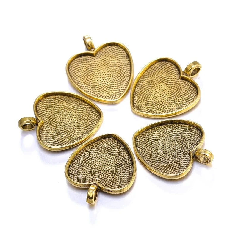 Ten Heart Cabochon Pendant Bases 25mm Alloy Bezel Trays DIY Jewellery Making Supplies