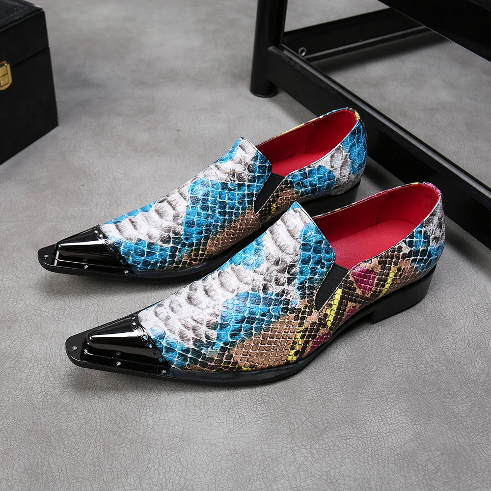 Rainbow Snake Skin Mens Genuine Leather Dress Shoes Pointed Metal Cap Toe