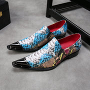 Rainbow Snake Skin Mens Genuine Leather Dress Shoes Pointed Metal Cap Toe