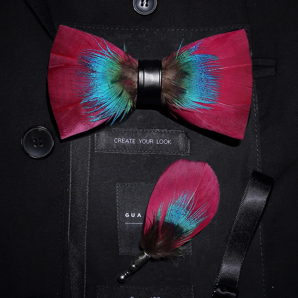 Men's Bow Tie & Pin Set Handmade Natural Feather Gift Box