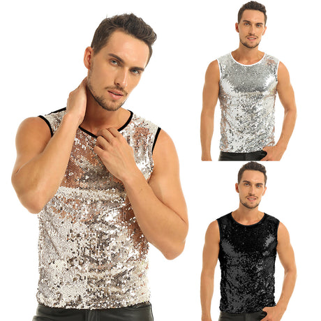 Mens Sequinned Tank Tops Festival Rave Party Clubwear