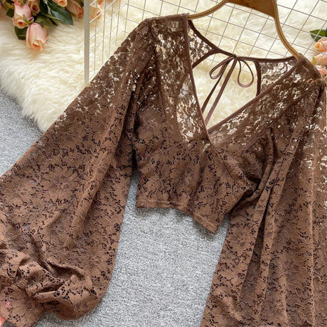 Lace Crop Top Black/White/Brown Long Lantern Sleeve