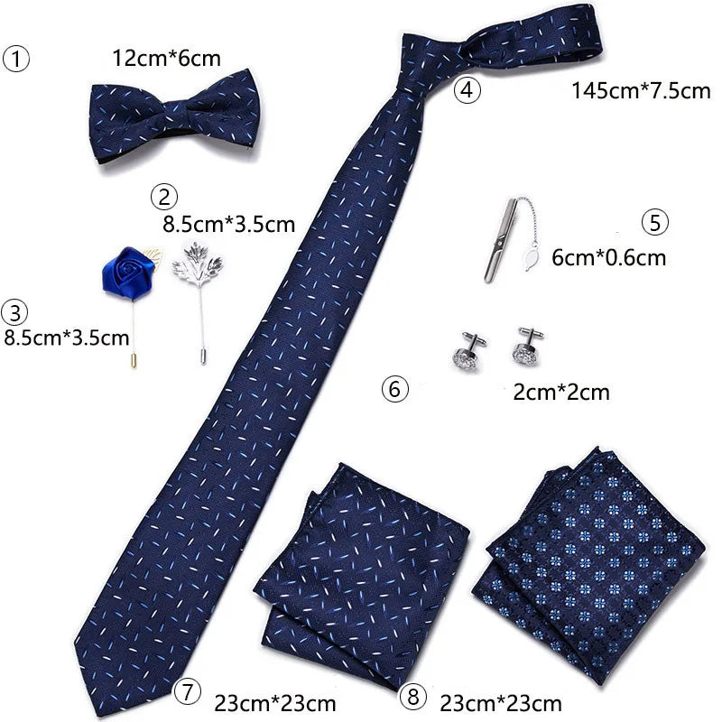 Men's 8pcs Tie Set Wedding Cravat Silk Bowtie Pocket Square Cufflinks Brooch Box Set Gifts For Men