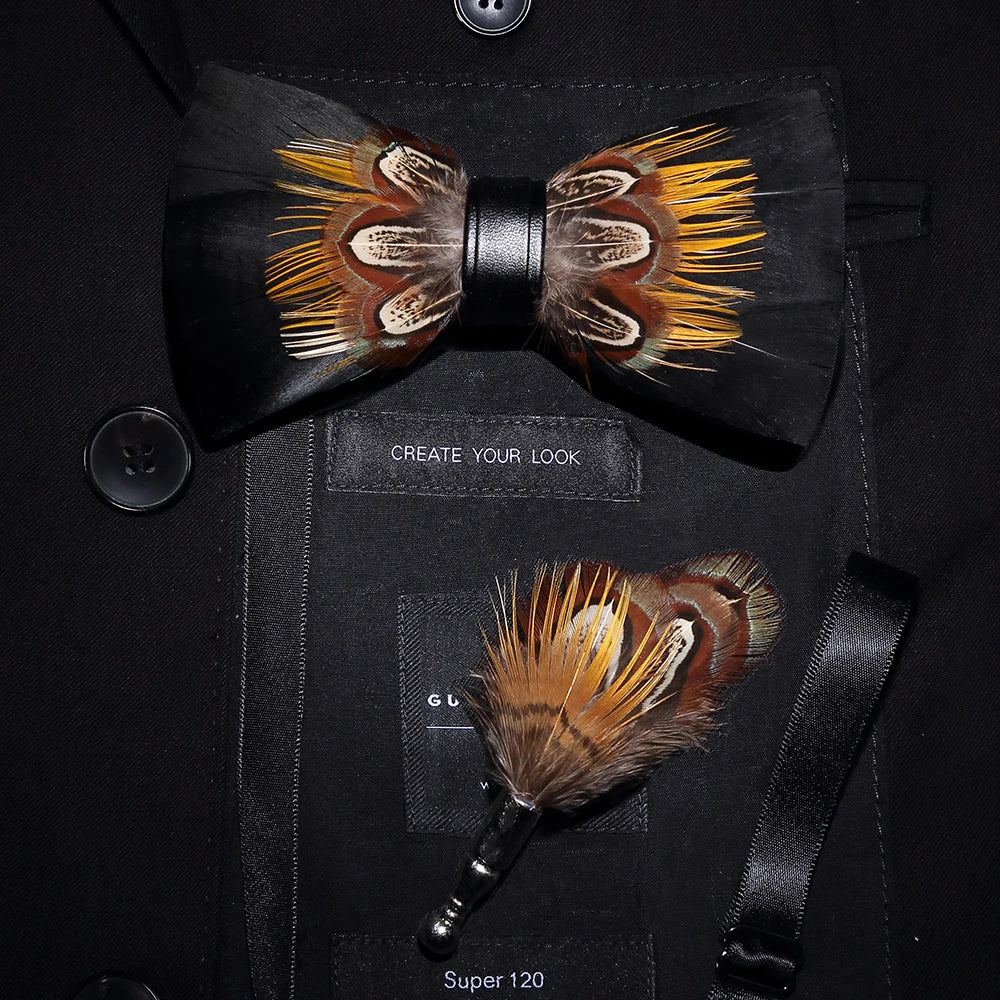 Men's Bow Tie & Pin Set Handmade Natural Feather Gift Box