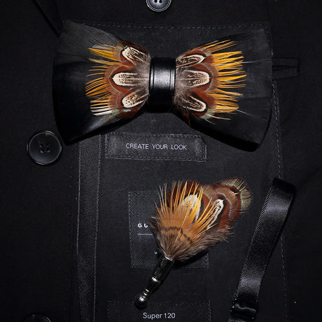 Men's Bow Tie & Pin Set Handmade Natural Feather Gift Box