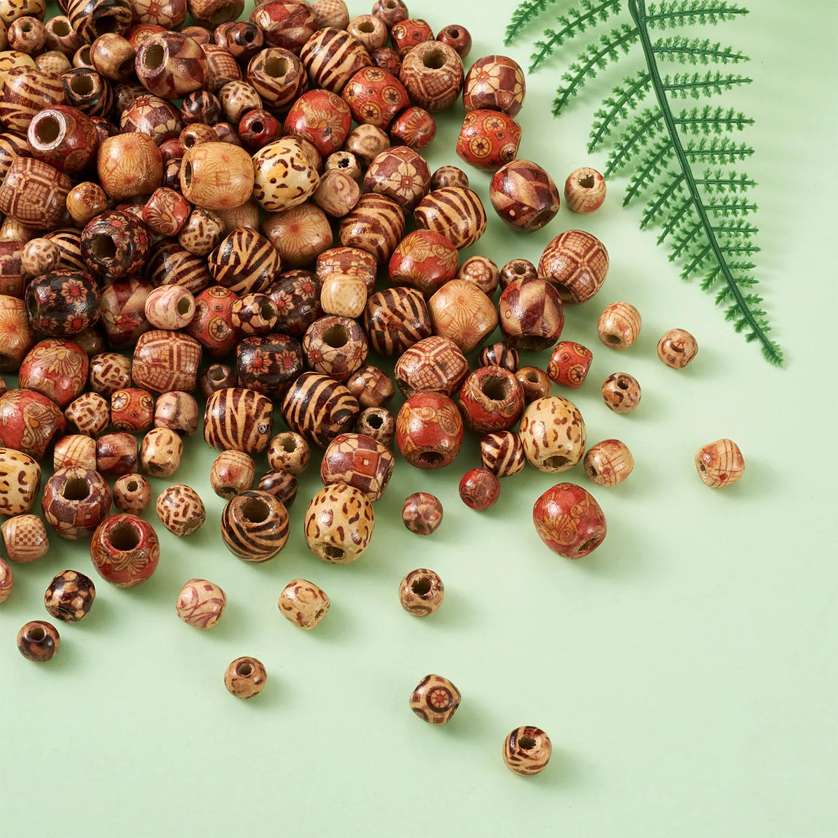 300Pcs Boho Printed Wood Beads Large Hole DIY Jewellery Making