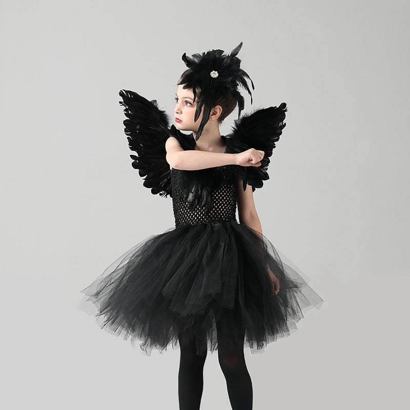 Black Swan Tulle Tutu Dress with Feather Wings and Hair Clip Halloween Costume