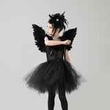Black Swan Tulle Tutu Dress with Feather Wings and Hair Clip Halloween Costume