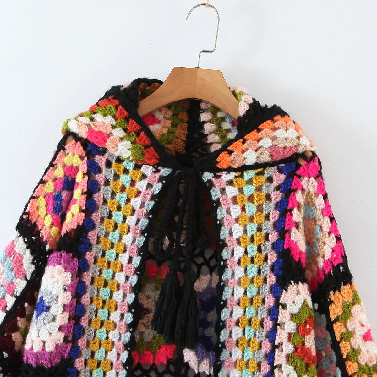 Granny Square Hand Crochet Mohair Hooded Long Cardigan