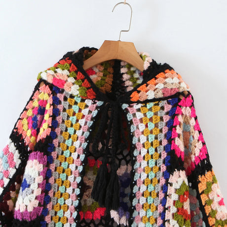 Granny Square Hand Crochet Mohair Hooded Long Cardigan