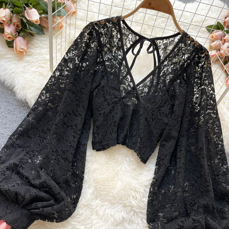 Lace Crop Top Black/White/Brown Long Lantern Sleeve