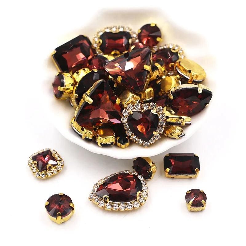 50pcs/Bag Shiny Mixed Shape Sew On Glass Rhinestone Gold Claw Crystal Buckle DIY Decoration 24 Colours