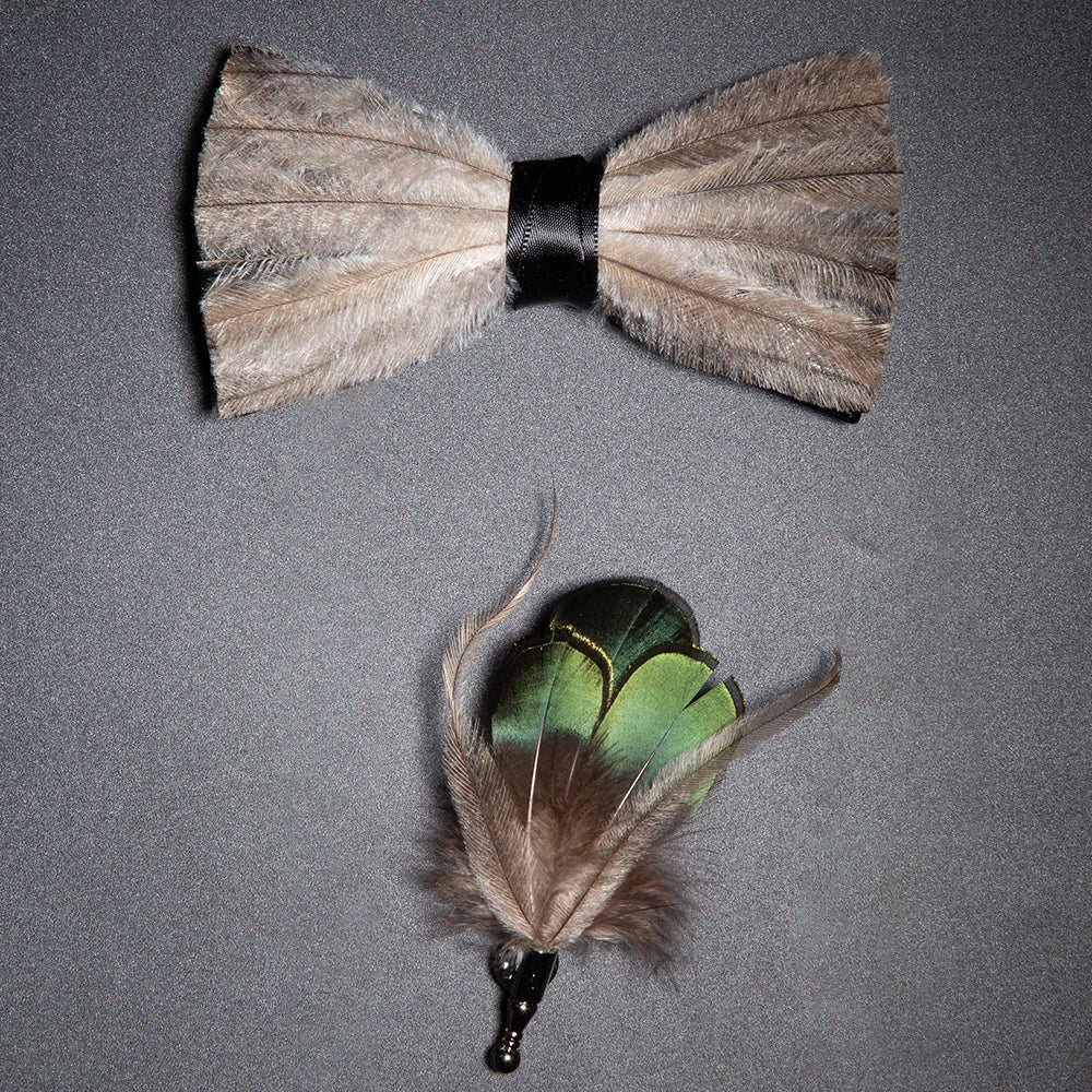 Men's Bow Tie & Pin Set Handmade Natural Feather Gift Box
