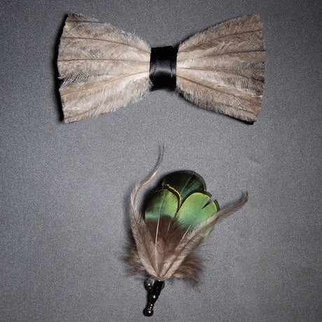Men's Bow Tie & Pin Set Handmade Natural Feather Gift Box