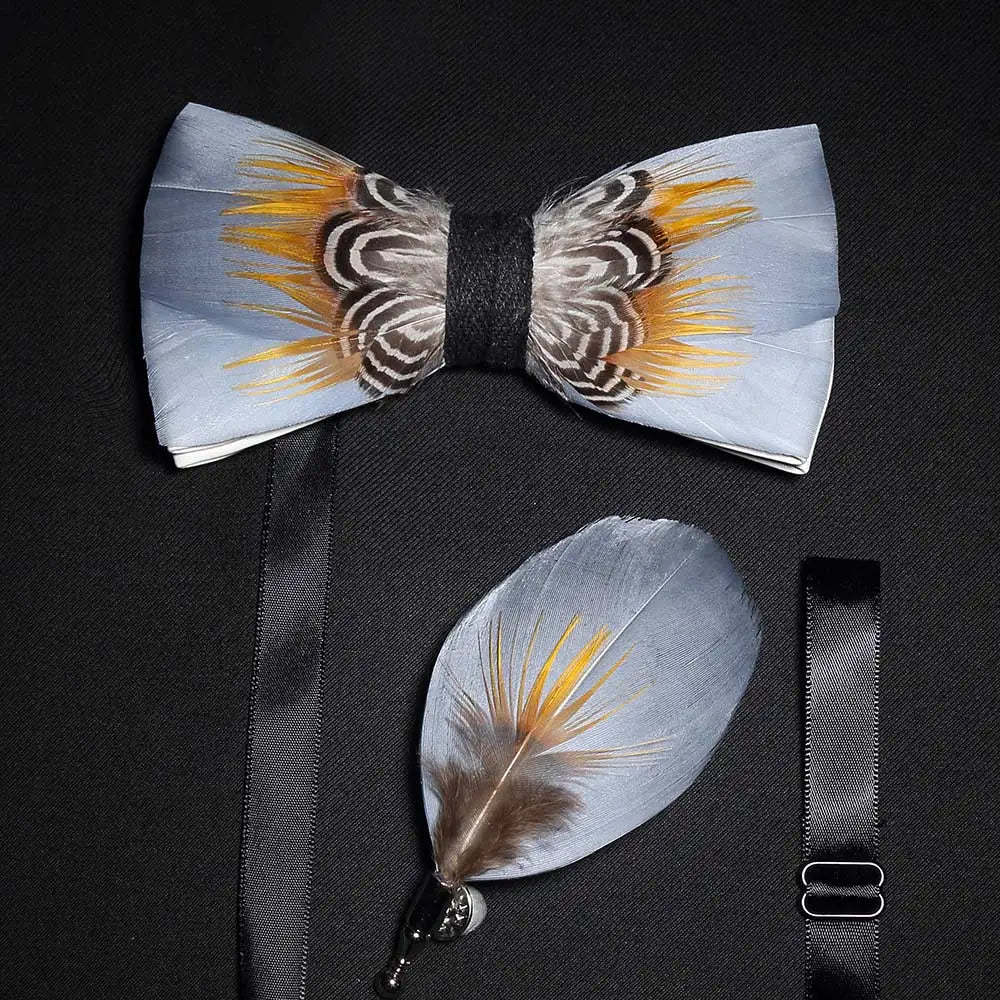 Men's Bow Tie & Pin Set Handmade Natural Feather Gift Box