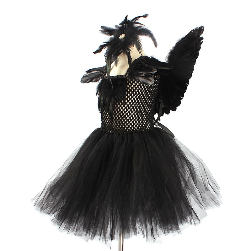 Black Swan Tulle Tutu Dress with Feather Wings and Hair Clip Halloween Costume