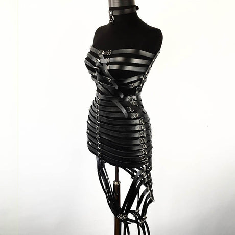 Gothic Faux Leather Long Black Strapped Corset Skirt