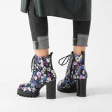 Purple Flower Print Platform Thick Heel Ankle Boots