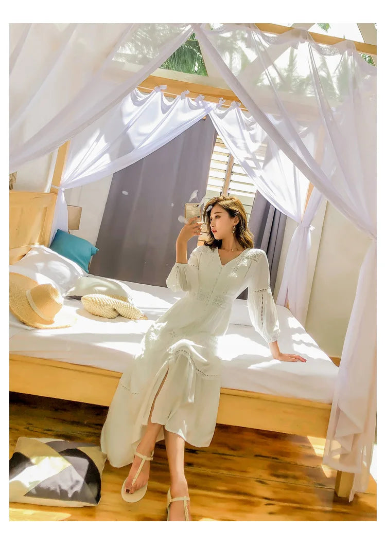 Dove's White Boho Lantern Sleeve Cotton Lace Dress