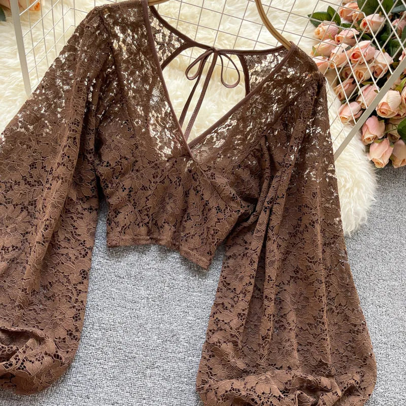 Lace Crop Top Black/White/Brown Long Lantern Sleeve