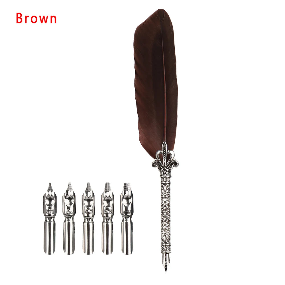Feather Calligraphy Dip Pen Writing Set with 5 Nibs