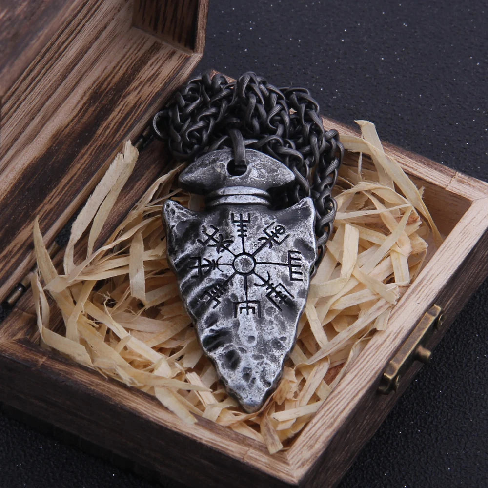 Valknut Viking Spear Stainless Steel Pendant Necklace with Wooden Box