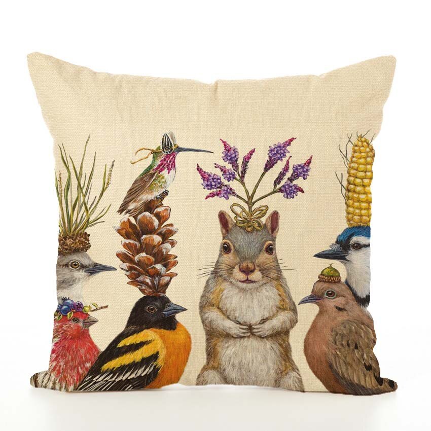 Spring Frolic Decorative Cushion Covers Squirrel Bird Bear Fox Printed Cotton Linen Pillowcase