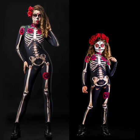 Day of the Dead Skeleton Bodycon Halloween Costume Adult Kids One Piece Rose Bodysuit