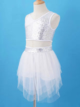 Sequins Ballet Dance Set Girls Crop Top Skirted Shorts Stage Dance Costumes