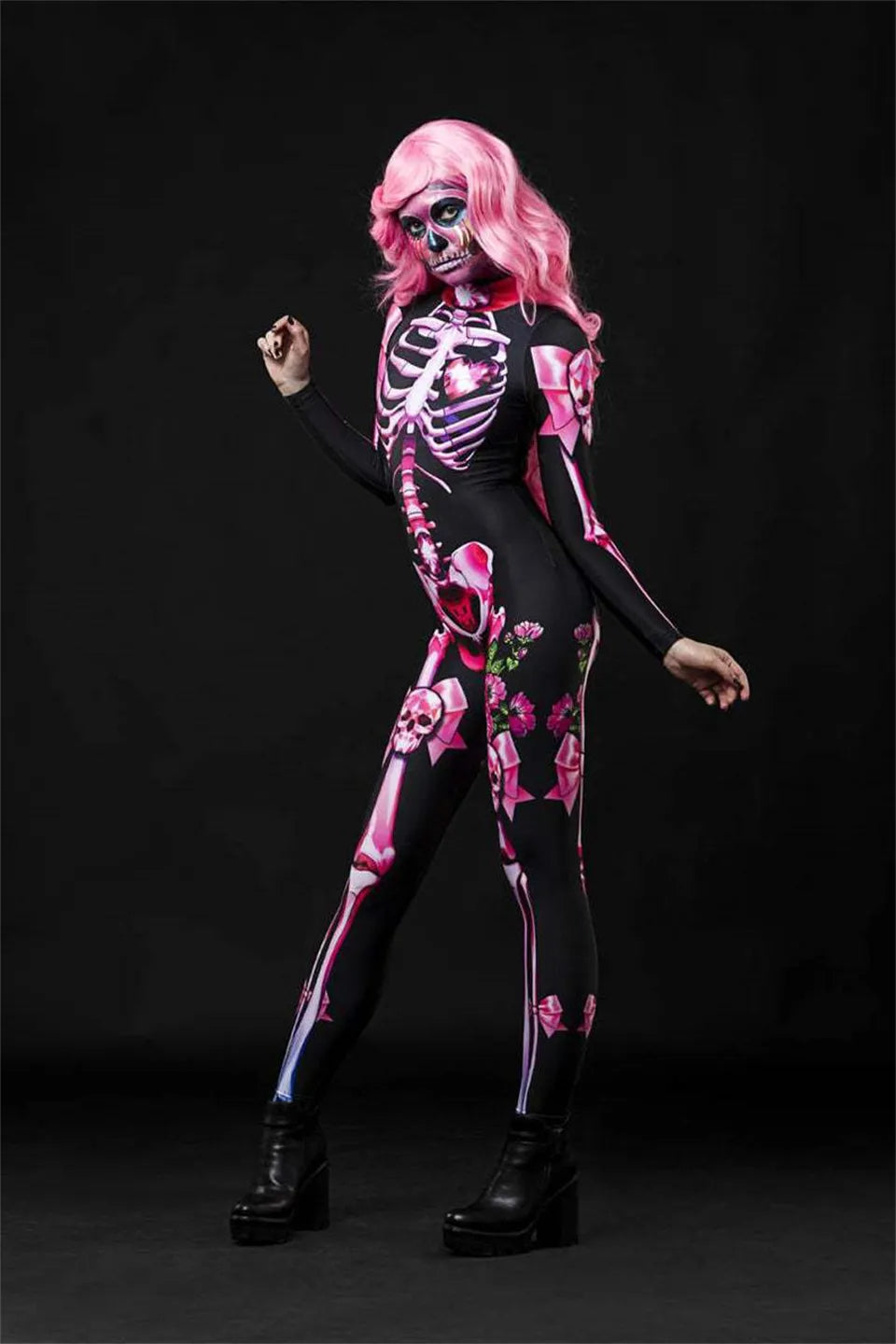 Day of the Dead Skeleton Bodycon Halloween Costume Adult Kids One Piece Rose Bodysuit