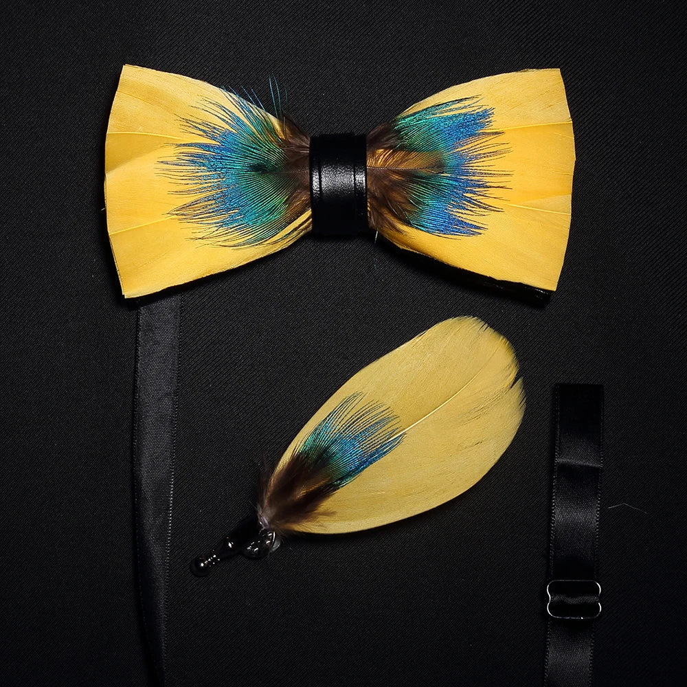 Men's Bow Tie & Pin Set Handmade Natural Feather Gift Box