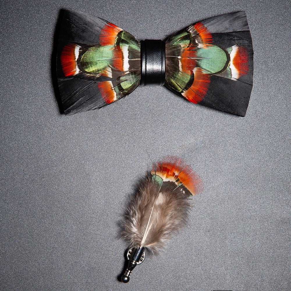 Men's Bow Tie & Pin Set Handmade Natural Feather Gift Box