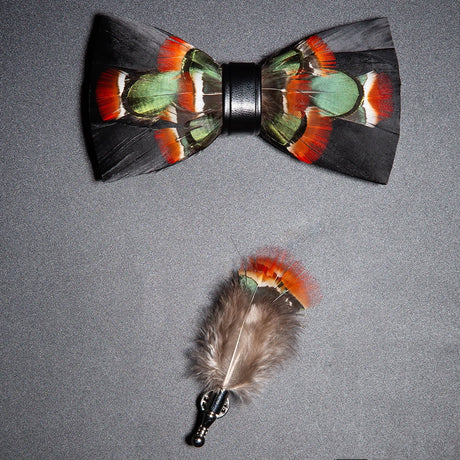 Men's Bow Tie & Pin Set Handmade Natural Feather Gift Box