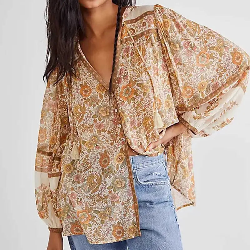 Saffy's Boho Blouse Floral Print Buttons Down Top