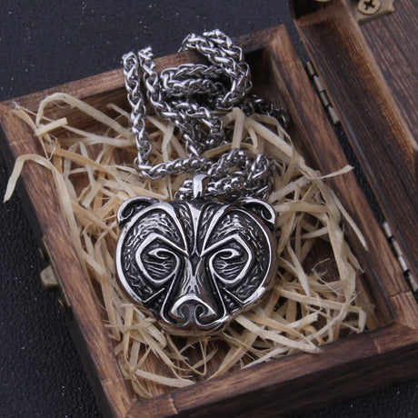 Stainless Steel Viking Bear Necklace Men's Gift with Wooden Box