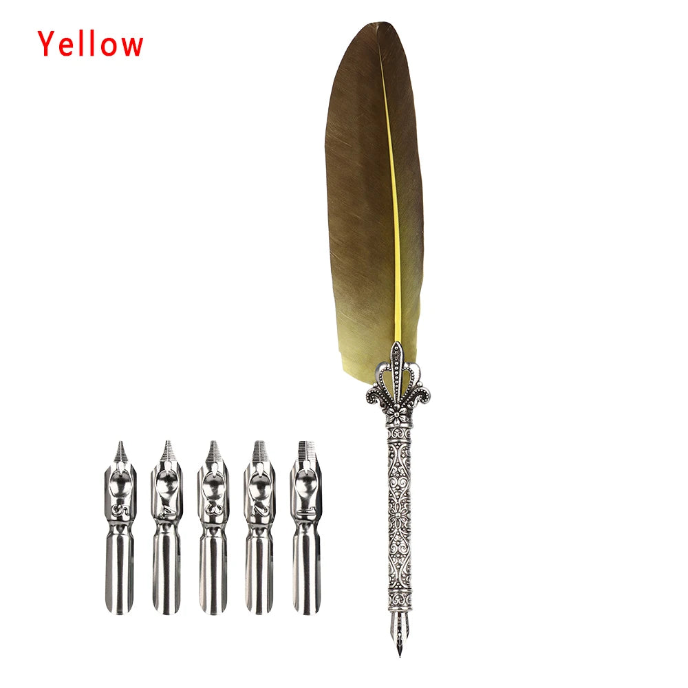 Feather Calligraphy Dip Pen Writing Set with 5 Nibs