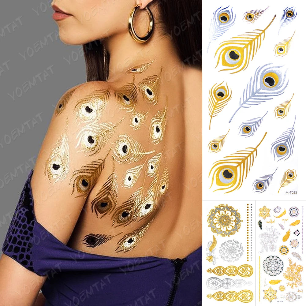 Metallic Peacock Feather Temporary Tattoos Body Art