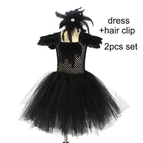 Black Swan Tulle Tutu Dress with Feather Wings and Hair Clip Halloween Costume