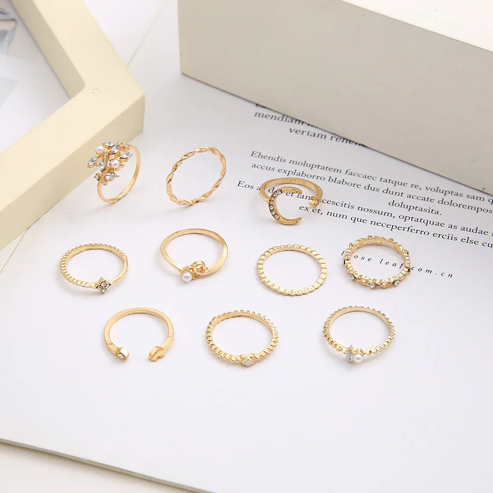 Boho Moon Heart Set of Ten Rings