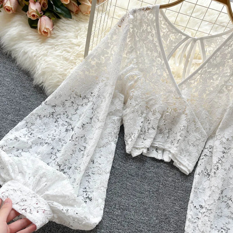 Lace Crop Top Black/White/Brown Long Lantern Sleeve